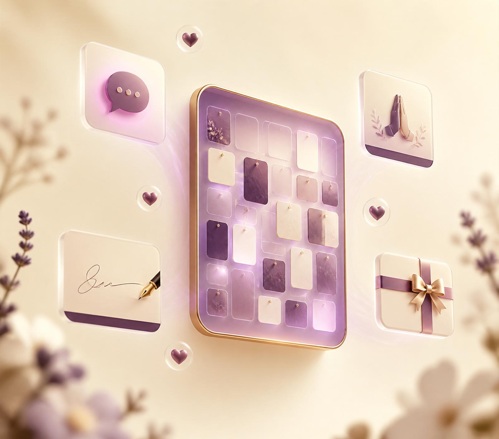 A glowing digital wall surrounded by floating message, prayer, signature, and gift cards